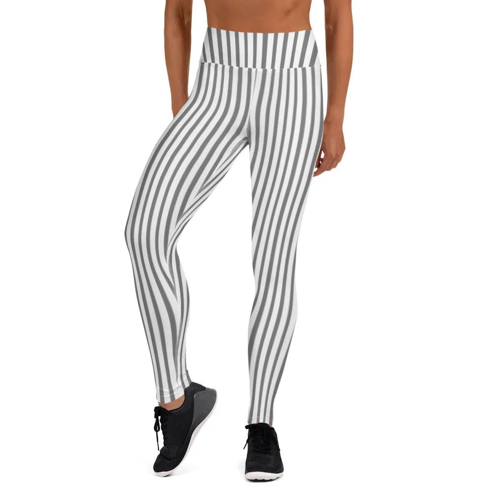 Grey White Striped Yoga Leggings, Vertically Striped Long Women's Long Tights-Made in USA/EU/MX