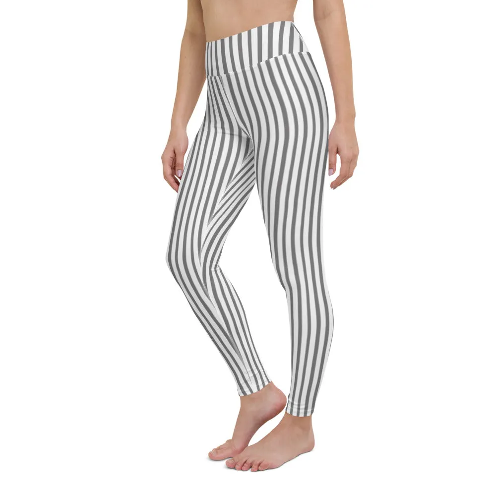 Grey White Striped Yoga Leggings, Vertically Striped Long Women's Long Tights-Made in USA/EU/MX