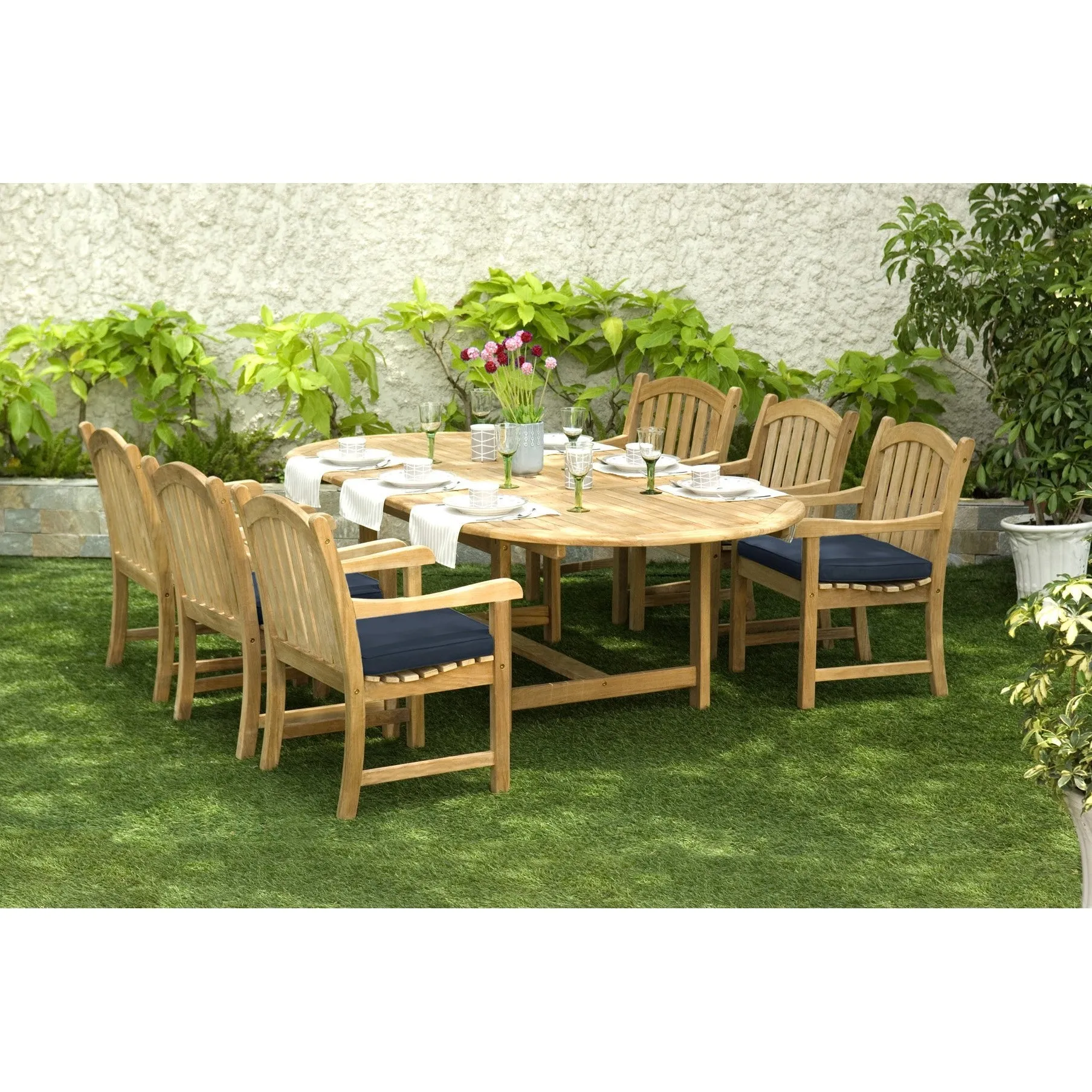 Harbour Teak Outdoor Dining Set (Teak Extendable Oval Table 71-95" with 6 Teak Tista Armchairs  FREE Cushions)