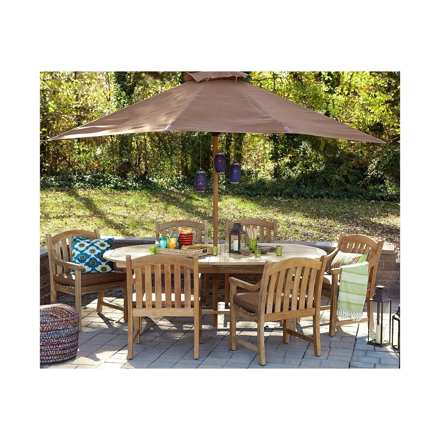 Harbour Teak Outdoor Dining Set (Teak Extendable Oval Table 71-95" with 6 Teak Tista Armchairs  FREE Cushions)