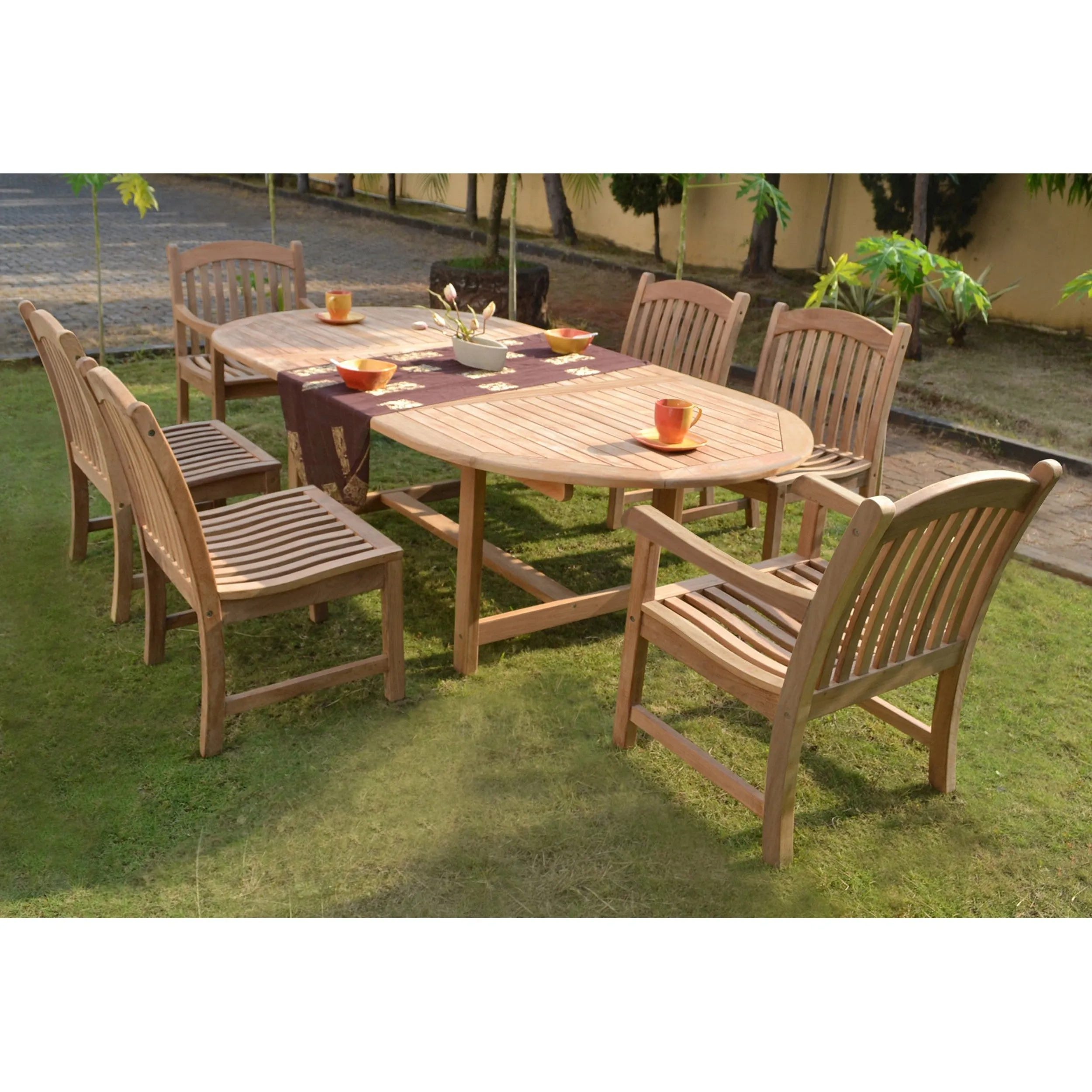 Harbour Teak Outdoor Dining Set (Teak Extendable Oval Table 71-95" with 6 Teak Tista Armchairs  FREE Cushions)