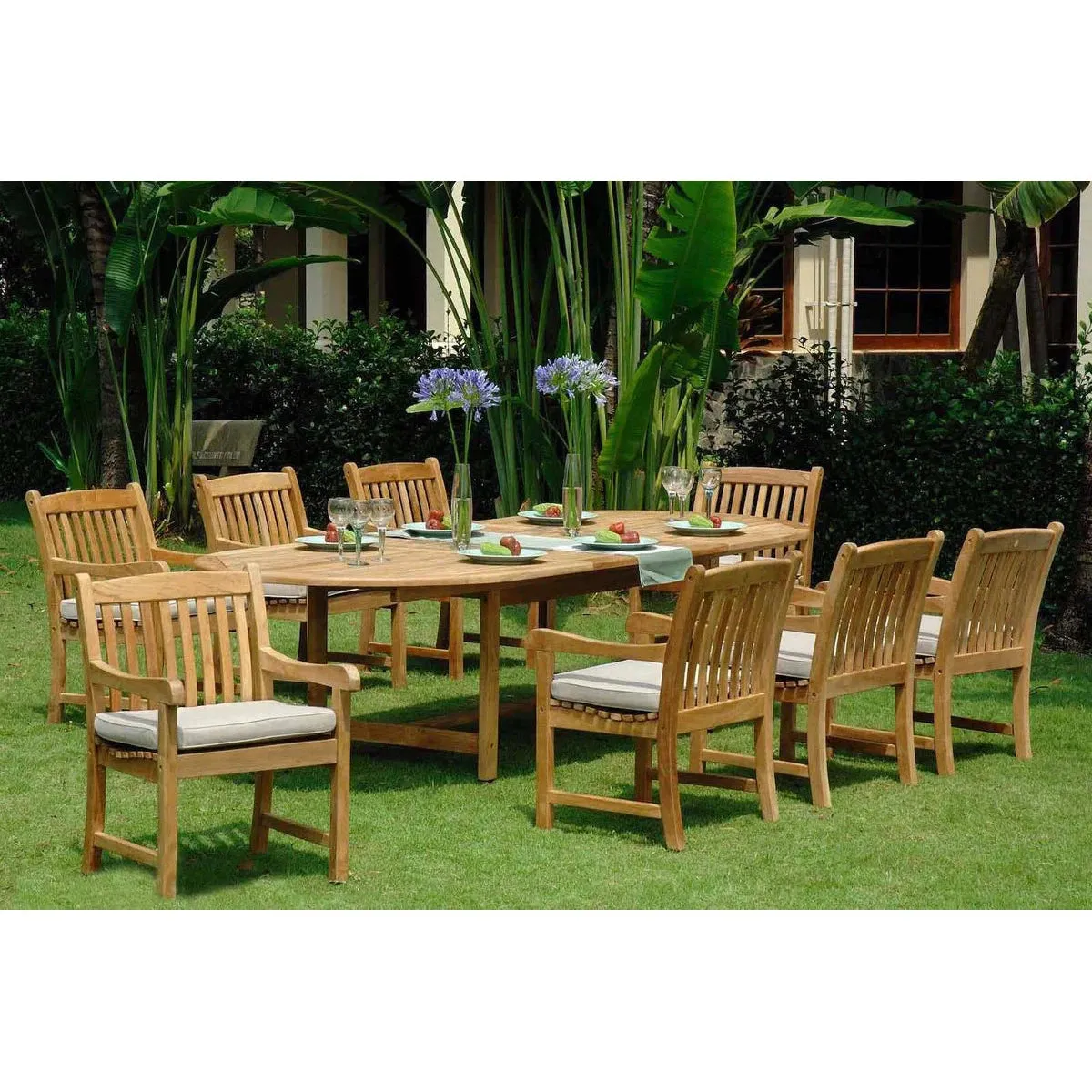 Harbour Teak Outdoor Dining Set (Teak Extendable Oval Table 71-95" with 6 Teak Tista Armchairs  FREE Cushions)