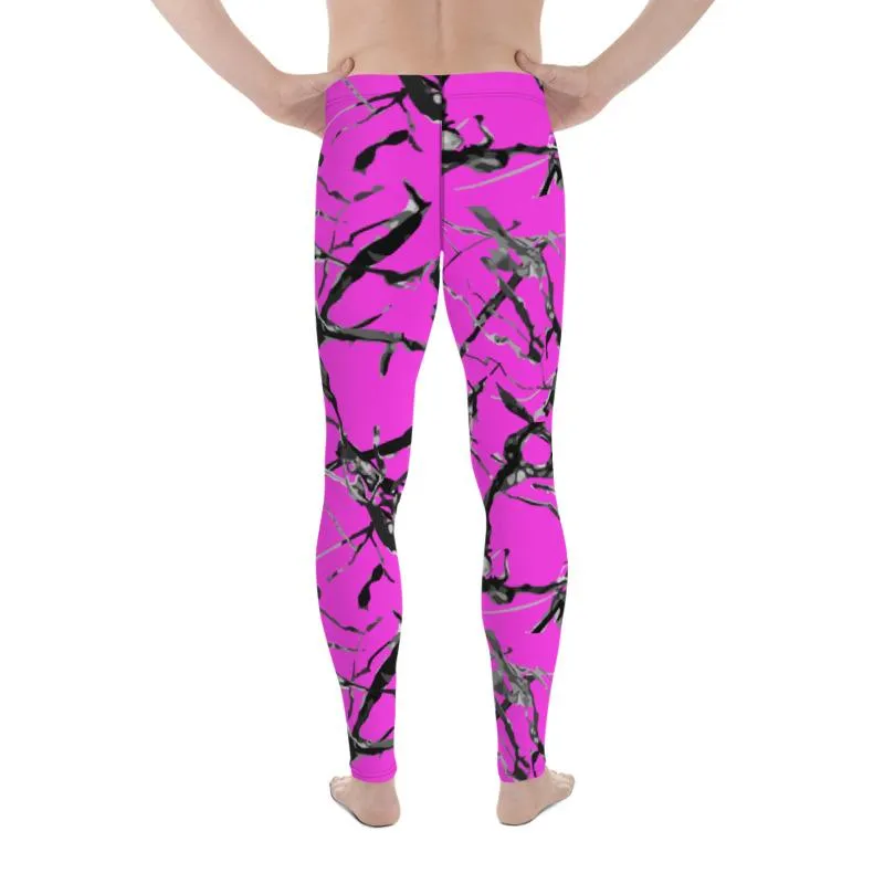 Hot Pink Marble Print Meggings, Premium Men's Leggings Gym Tights - Made in USA/EU