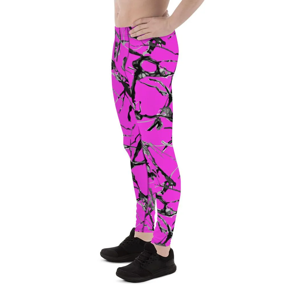 Hot Pink Marble Print Meggings, Premium Men's Leggings Gym Tights - Made in USA/EU