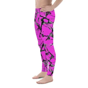 Hot Pink Marble Print Meggings, Premium Men's Leggings Gym Tights - Made in USA/EU