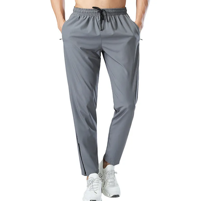 Hzori Sports Pants Men's Spring/Summer Ice Silk Quick-Drying Breathable Fitness Ankle Banded Drawstring Straight Casual Side Zipper Trousers Running Pants