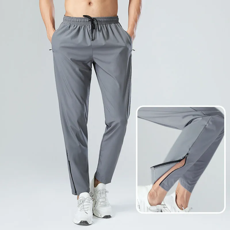 Hzori Sports Pants Men's Spring/Summer Ice Silk Quick-Drying Breathable Fitness Ankle Banded Drawstring Straight Casual Side Zipper Trousers Running Pants