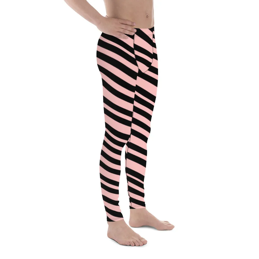 Light Pink Striped Men's Leggings, Diagonally Stripes Modern Premium Running Tights For Men