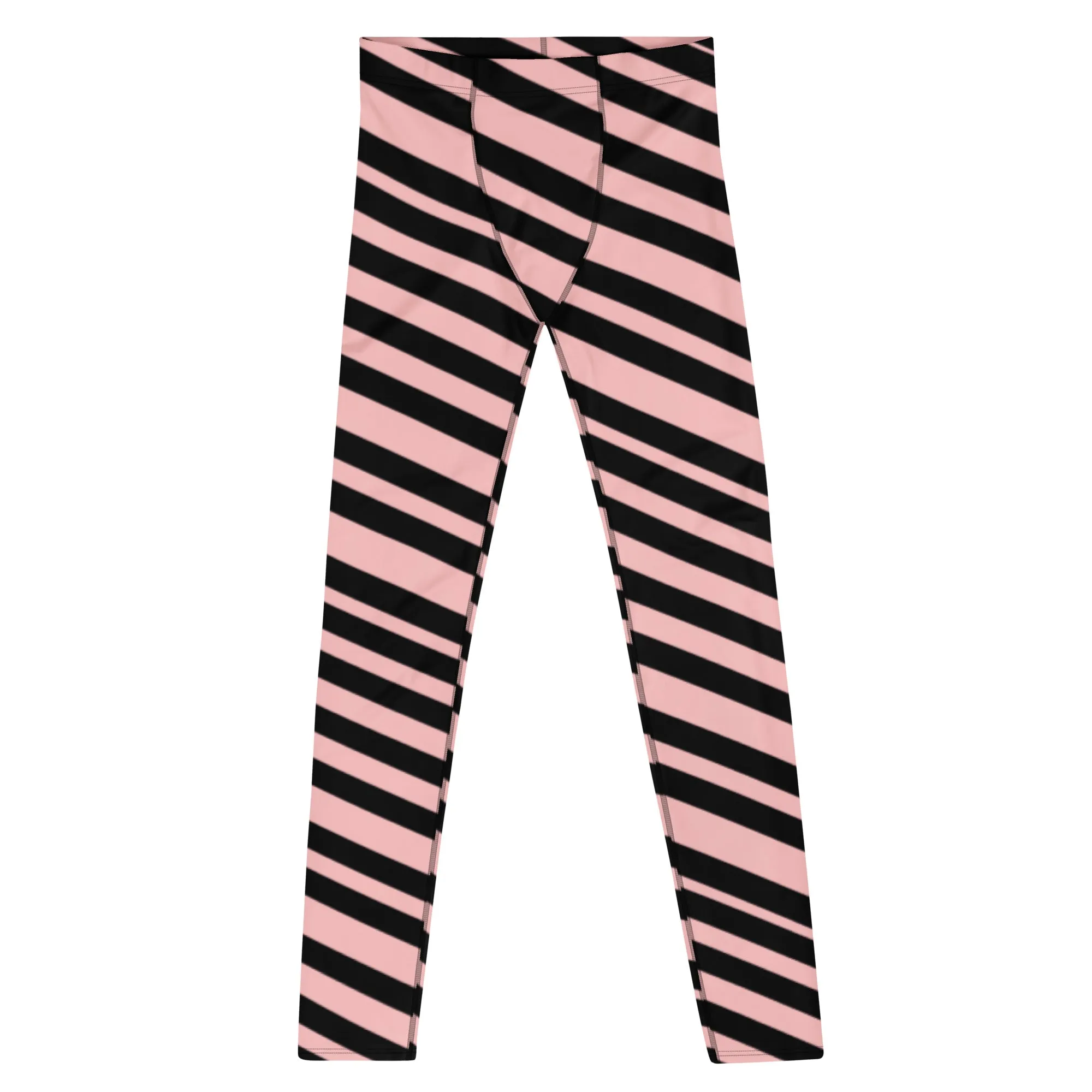 Light Pink Striped Men's Leggings, Diagonally Stripes Modern Premium Running Tights For Men