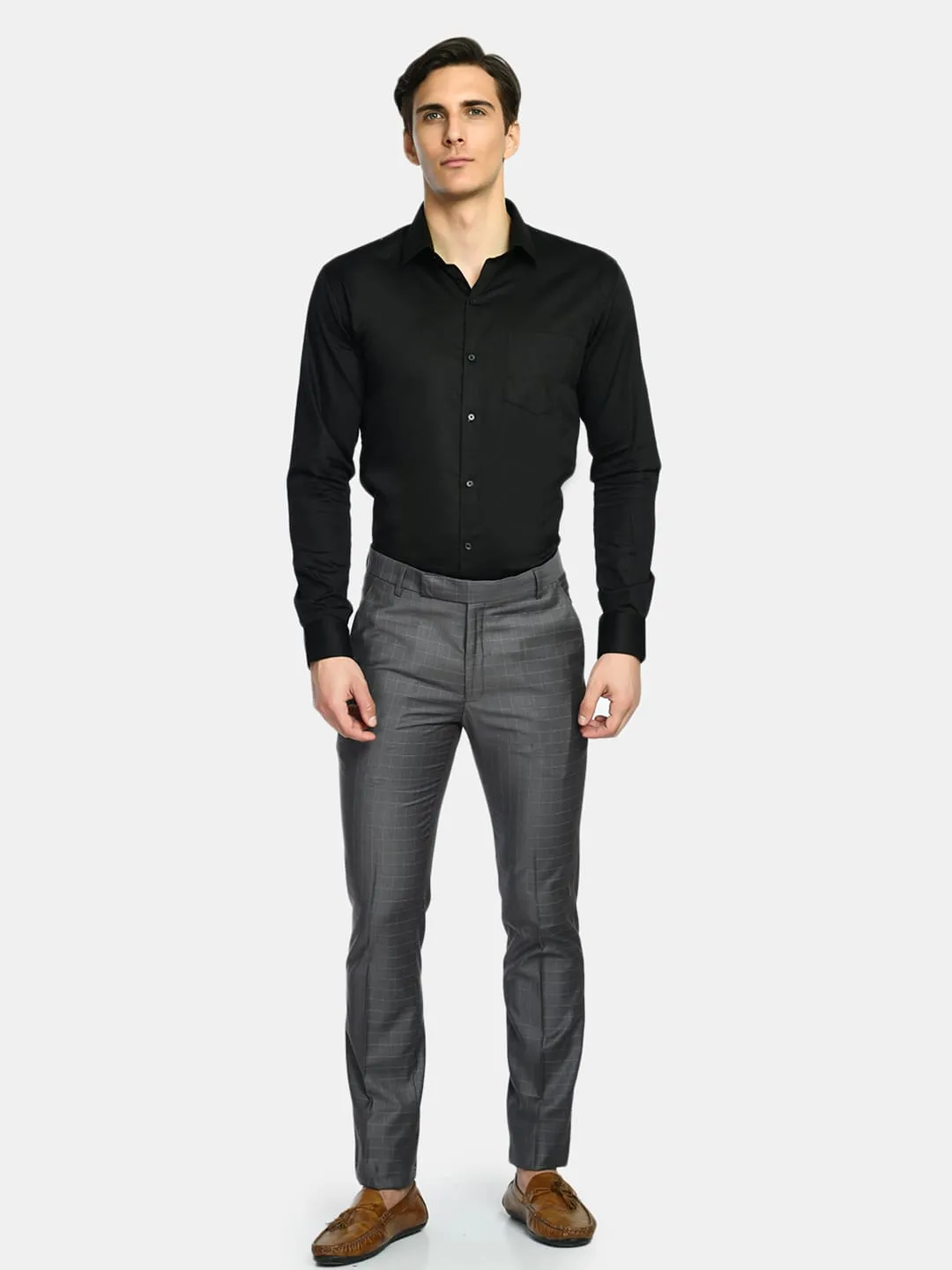 Men's Grey Checked Slim Fit Formal Trouser