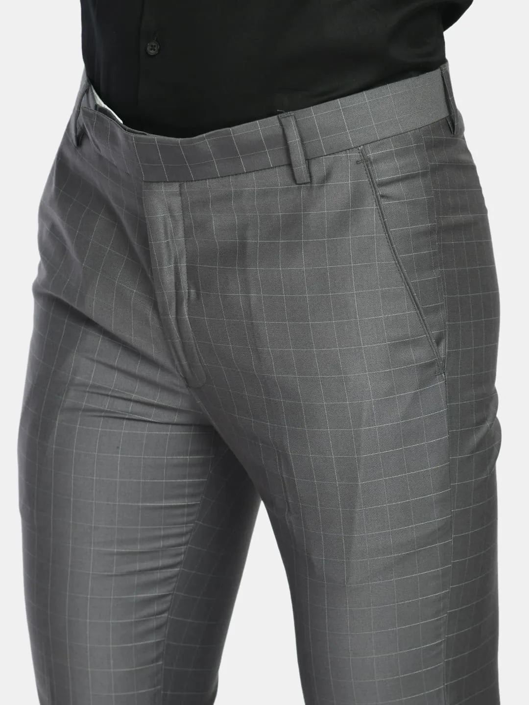 Men's Grey Checked Slim Fit Formal Trouser