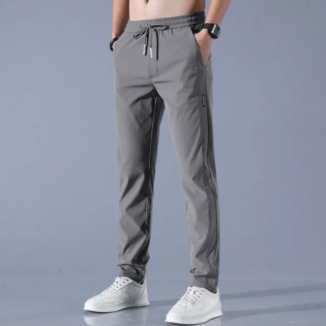 Men's Ice Silk Trousers Solid Color Mid-Waist Loose Breathable Straight-Leg Casual Pants Thin Quick-Drying Sports Pants