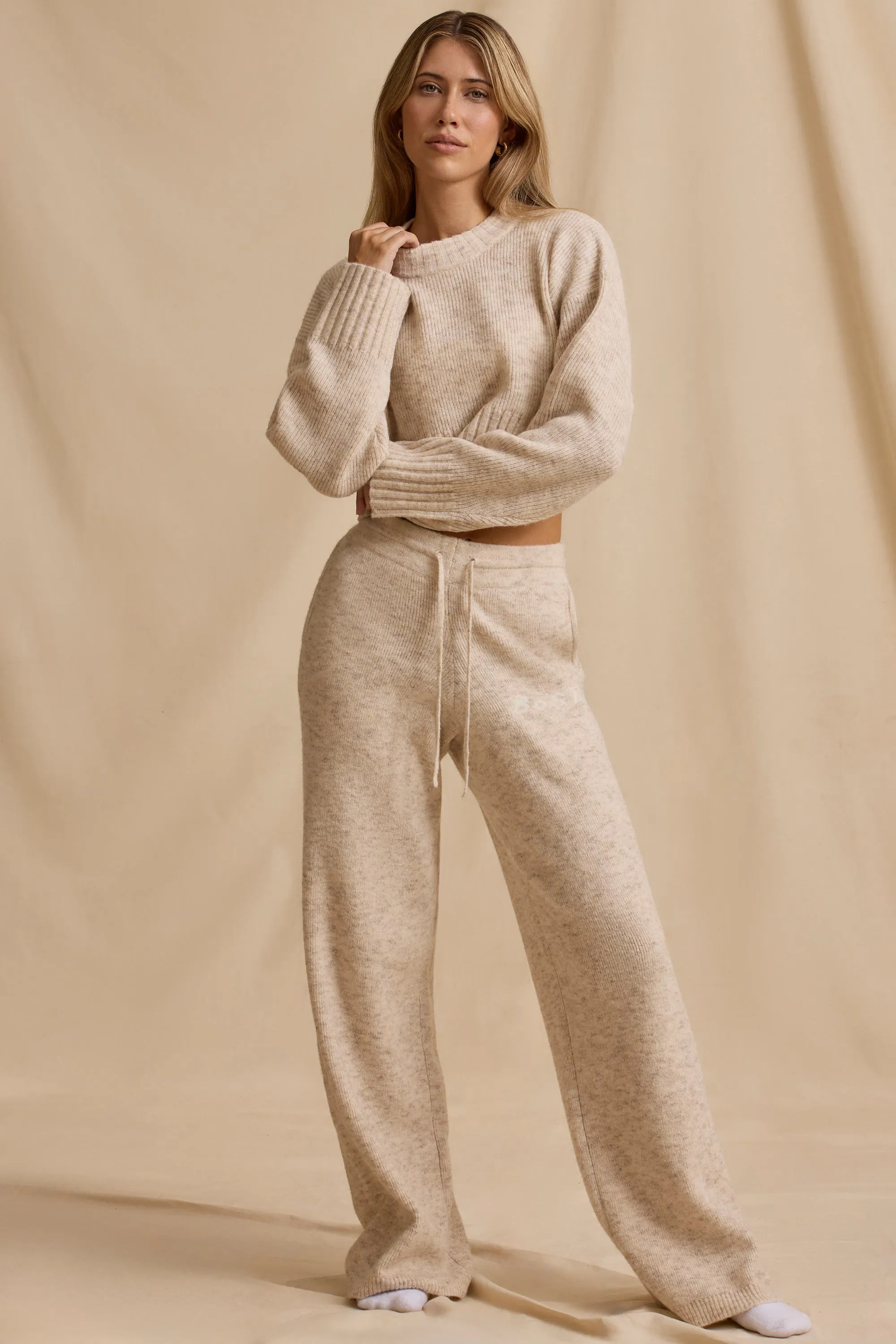 Mid-Rise Wide-Leg Joggers in Cream Marl