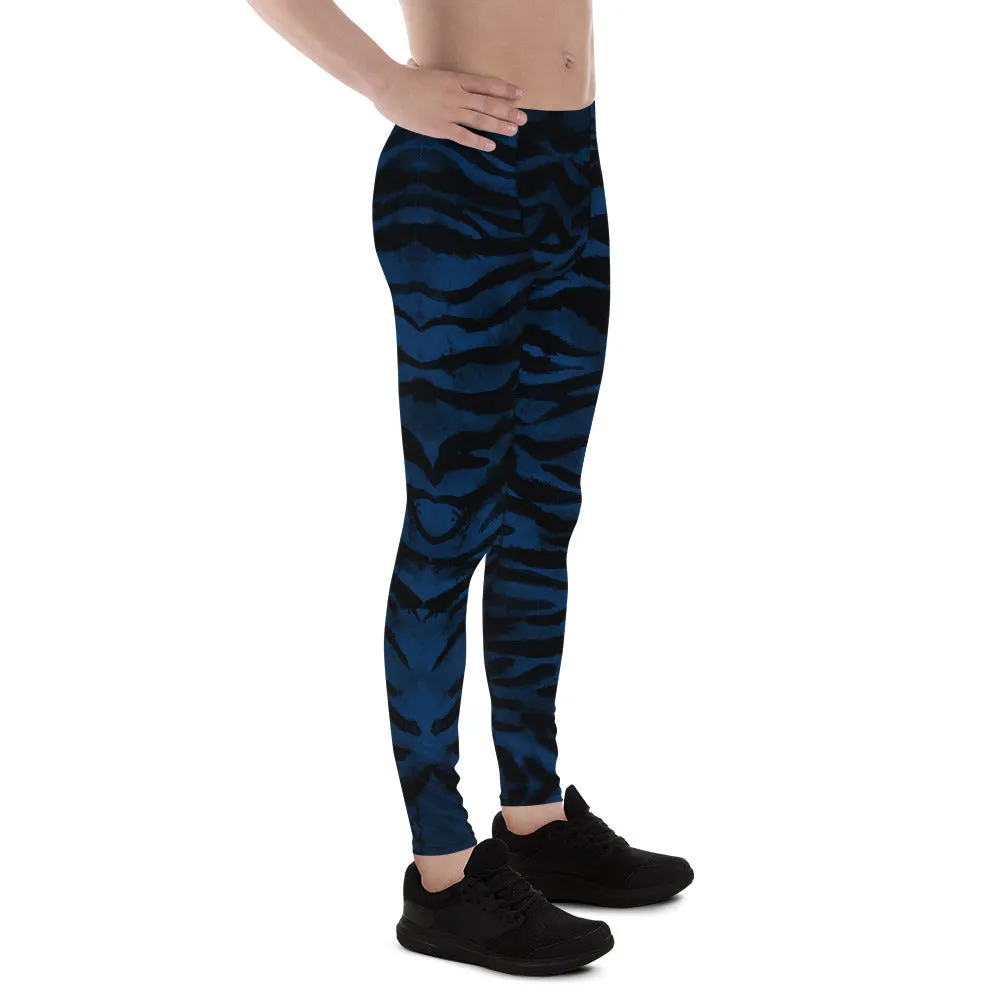 Navy Blue Tiger Men's Leggings, Striped Animal Print Men Gym Run Tights-Made in USA/EU