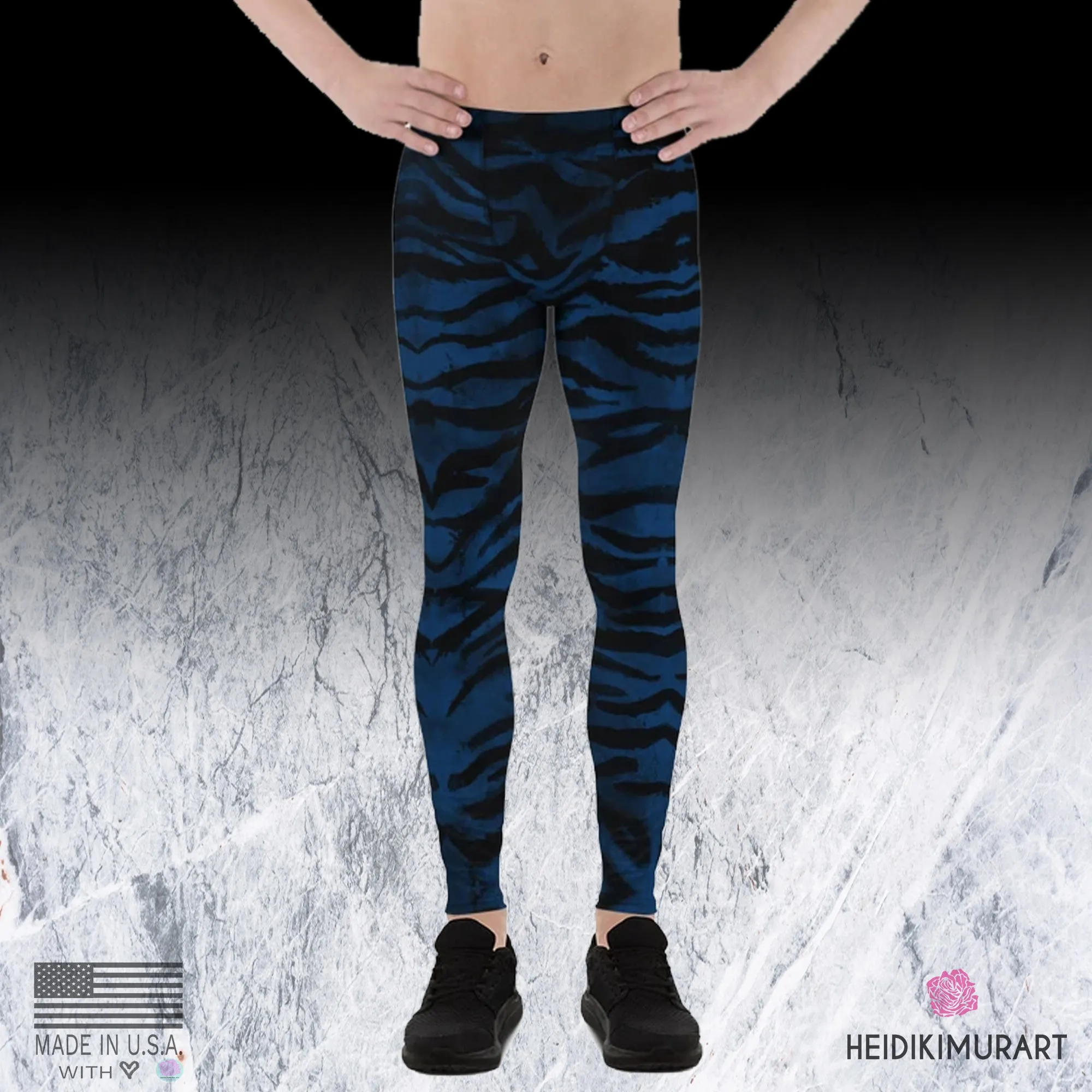 Navy Blue Tiger Men's Leggings, Striped Animal Print Men Gym Run Tights-Made in USA/EU