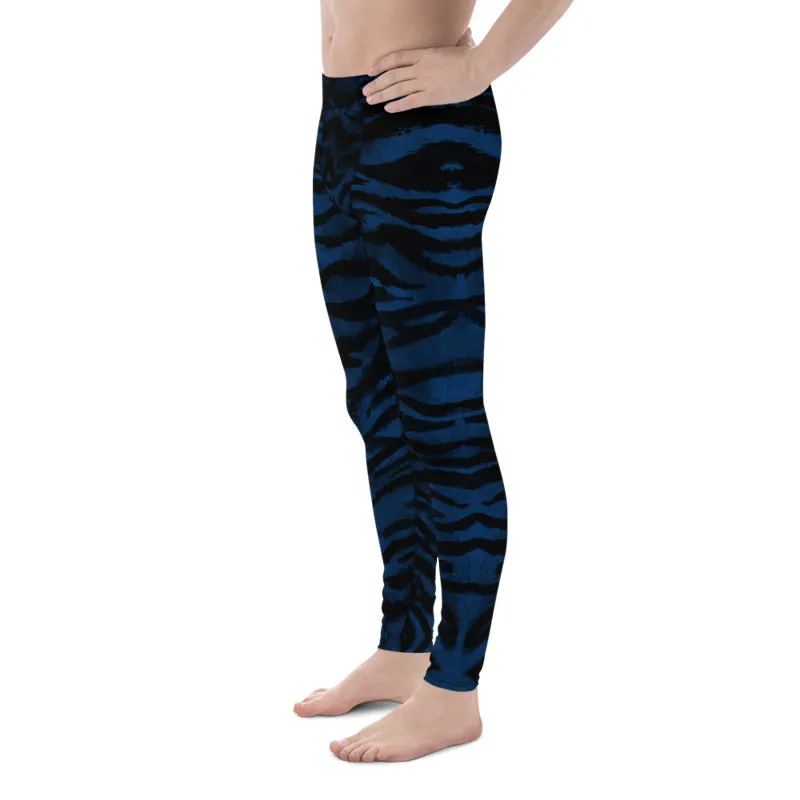 Navy Blue Tiger Men's Leggings, Striped Animal Print Men Gym Run Tights-Made in USA/EU