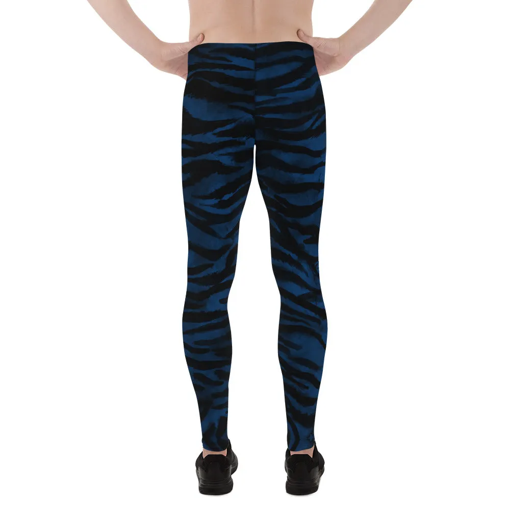 Navy Blue Tiger Men's Leggings, Striped Animal Print Men Gym Run Tights-Made in USA/EU