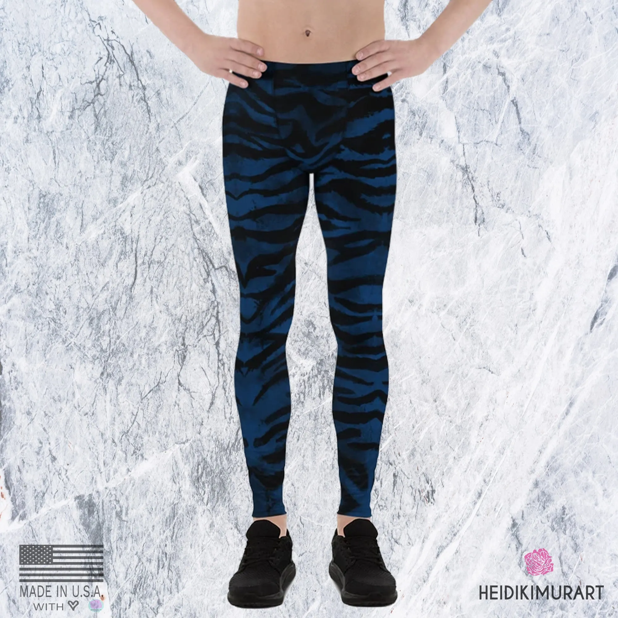 Navy Blue Tiger Men's Leggings, Striped Animal Print Men Gym Run Tights-Made in USA/EU