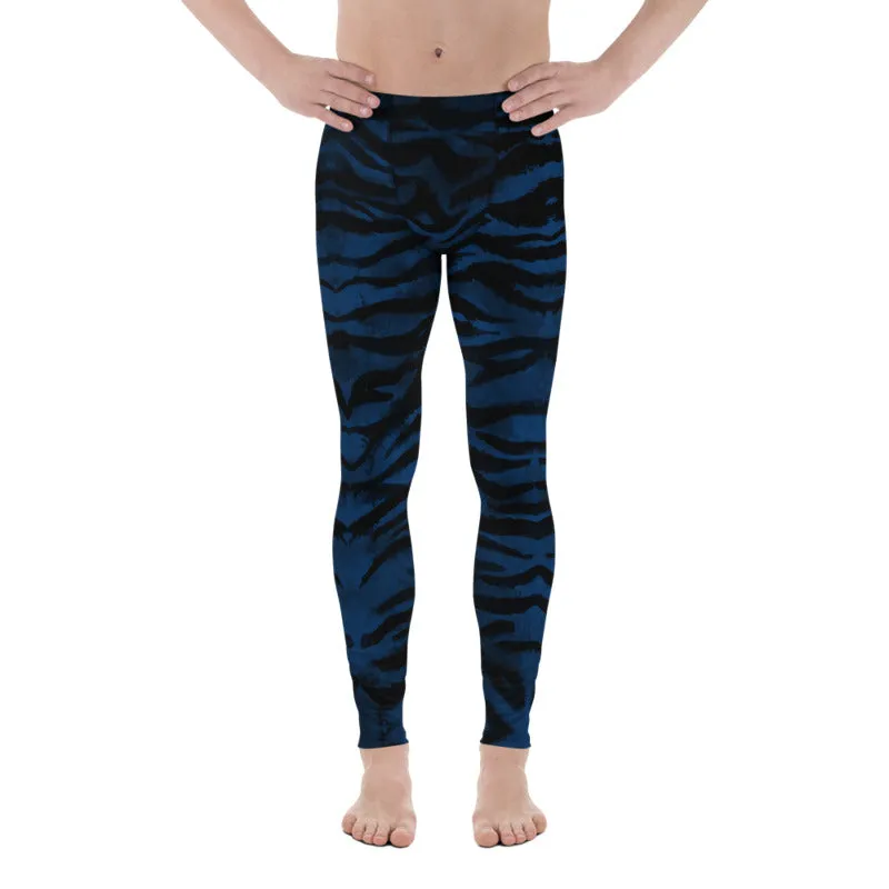 Navy Blue Tiger Men's Leggings, Striped Animal Print Men Gym Run Tights-Made in USA/EU