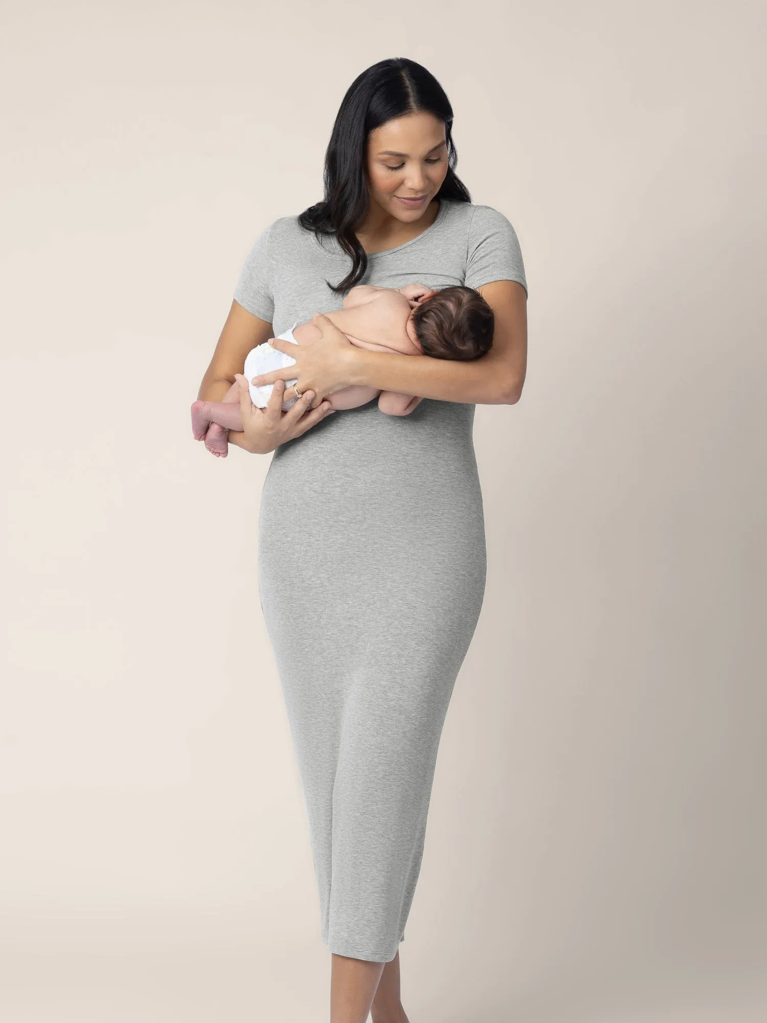 Olivia Ribbed Bamboo 2-in-1 Maternity & Nursing Dress | Grey Heather