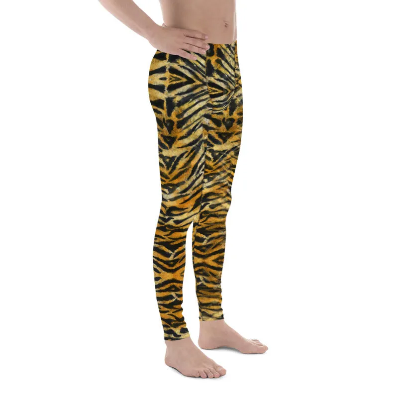 Orange Tiger Striped Men's Leggings, Tiger Stripes Animal Print Compression Tights-Made in USA/EU/MX