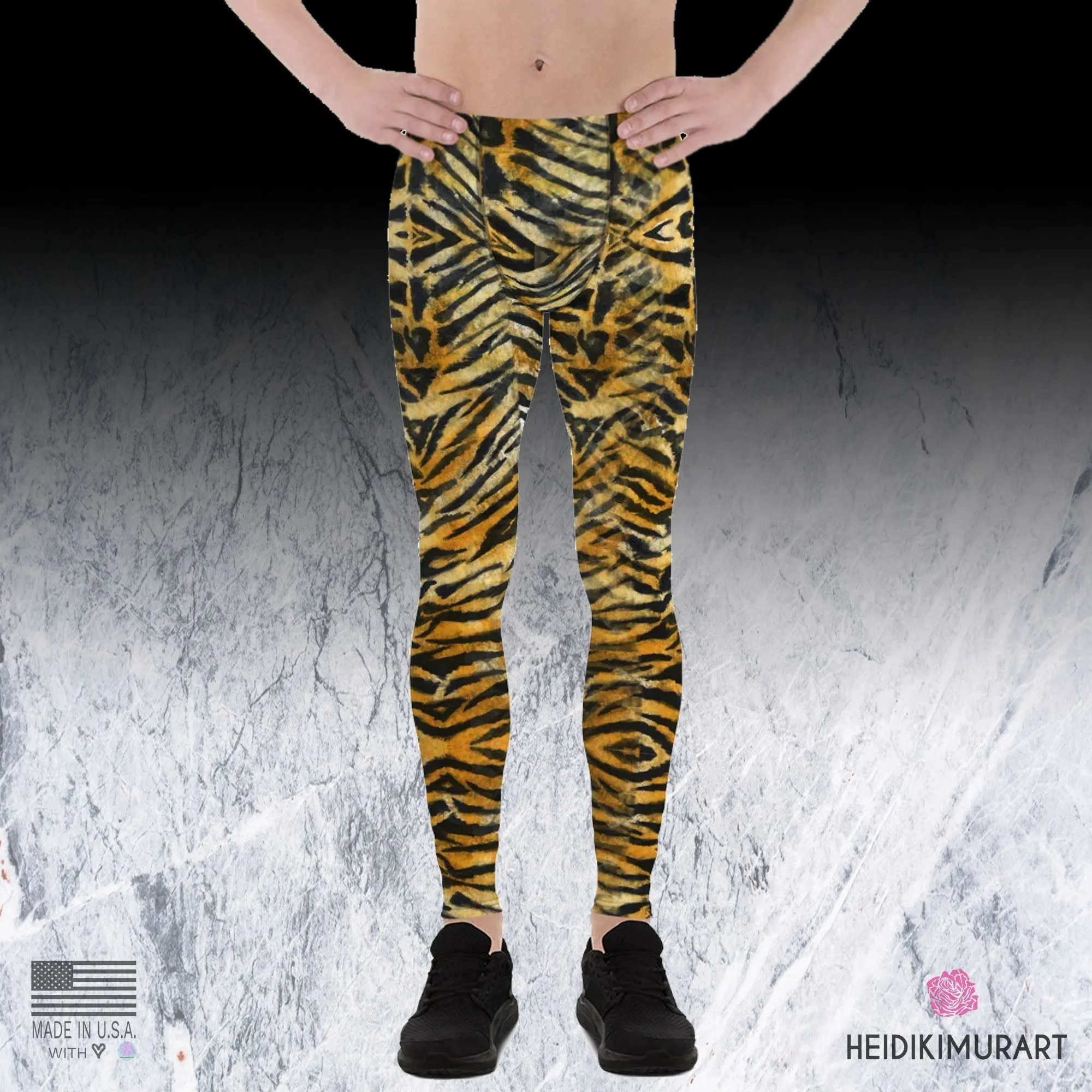 Orange Tiger Striped Men's Leggings, Tiger Stripes Animal Print Compression Tights-Made in USA/EU/MX