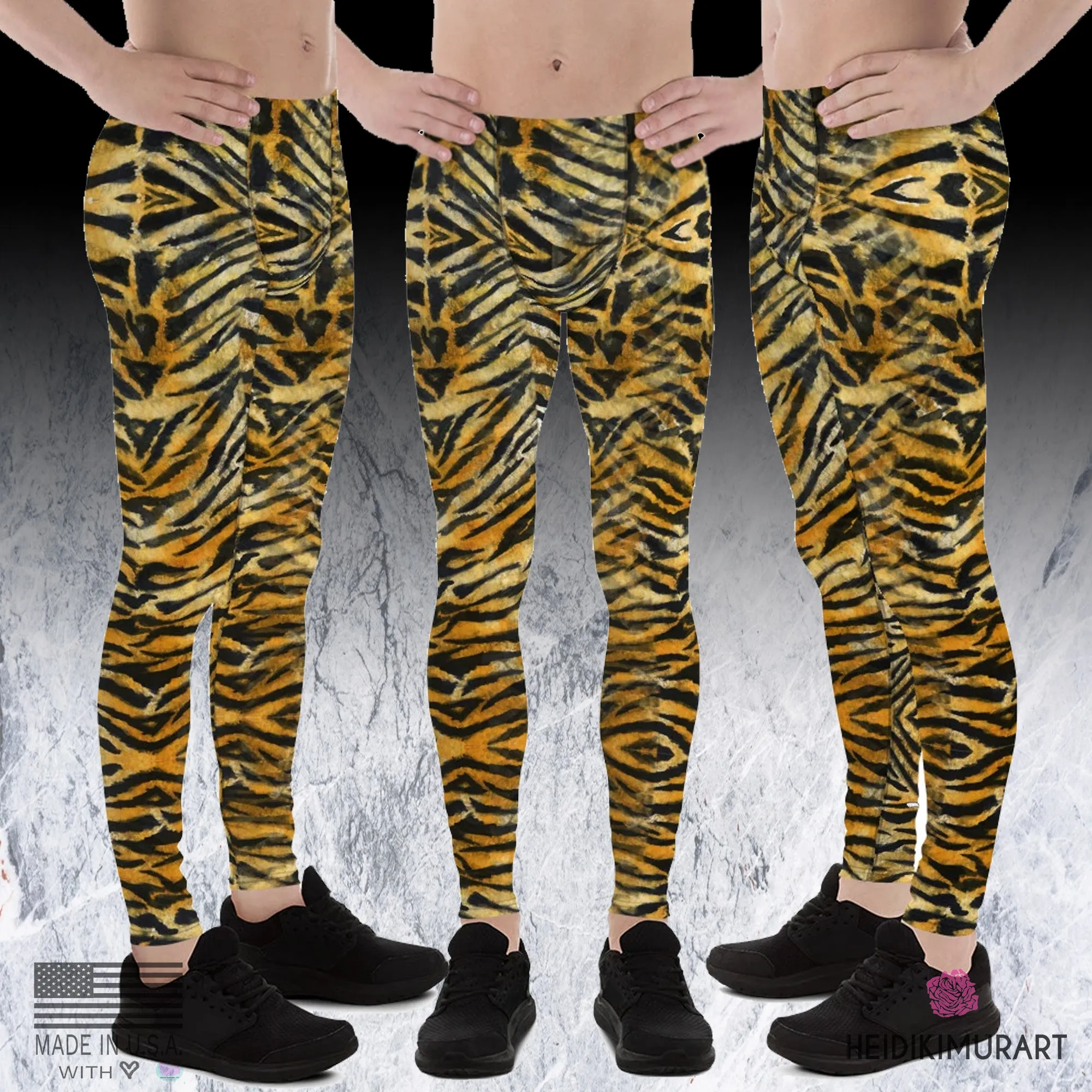 Orange Tiger Striped Men's Leggings, Tiger Stripes Animal Print Compression Tights-Made in USA/EU/MX