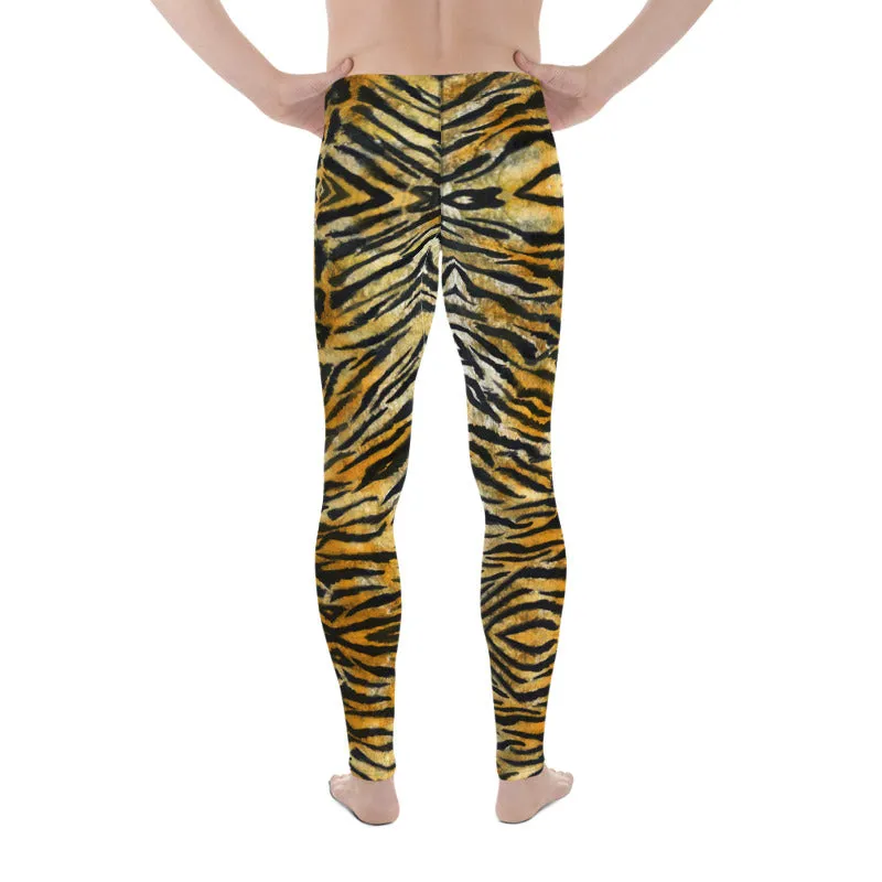 Orange Tiger Striped Men's Leggings, Tiger Stripes Animal Print Compression Tights-Made in USA/EU/MX