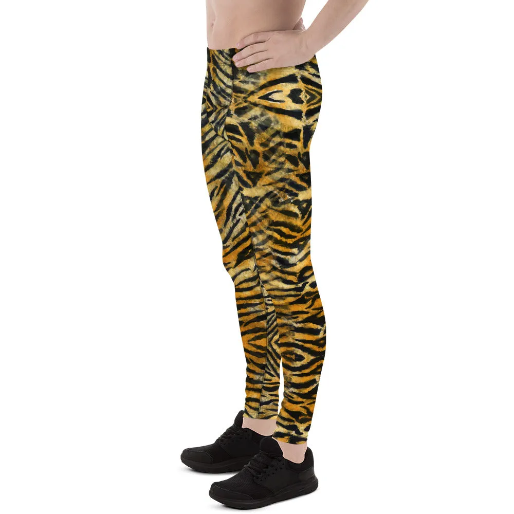 Orange Tiger Striped Men's Leggings, Tiger Stripes Animal Print Compression Tights-Made in USA/EU/MX