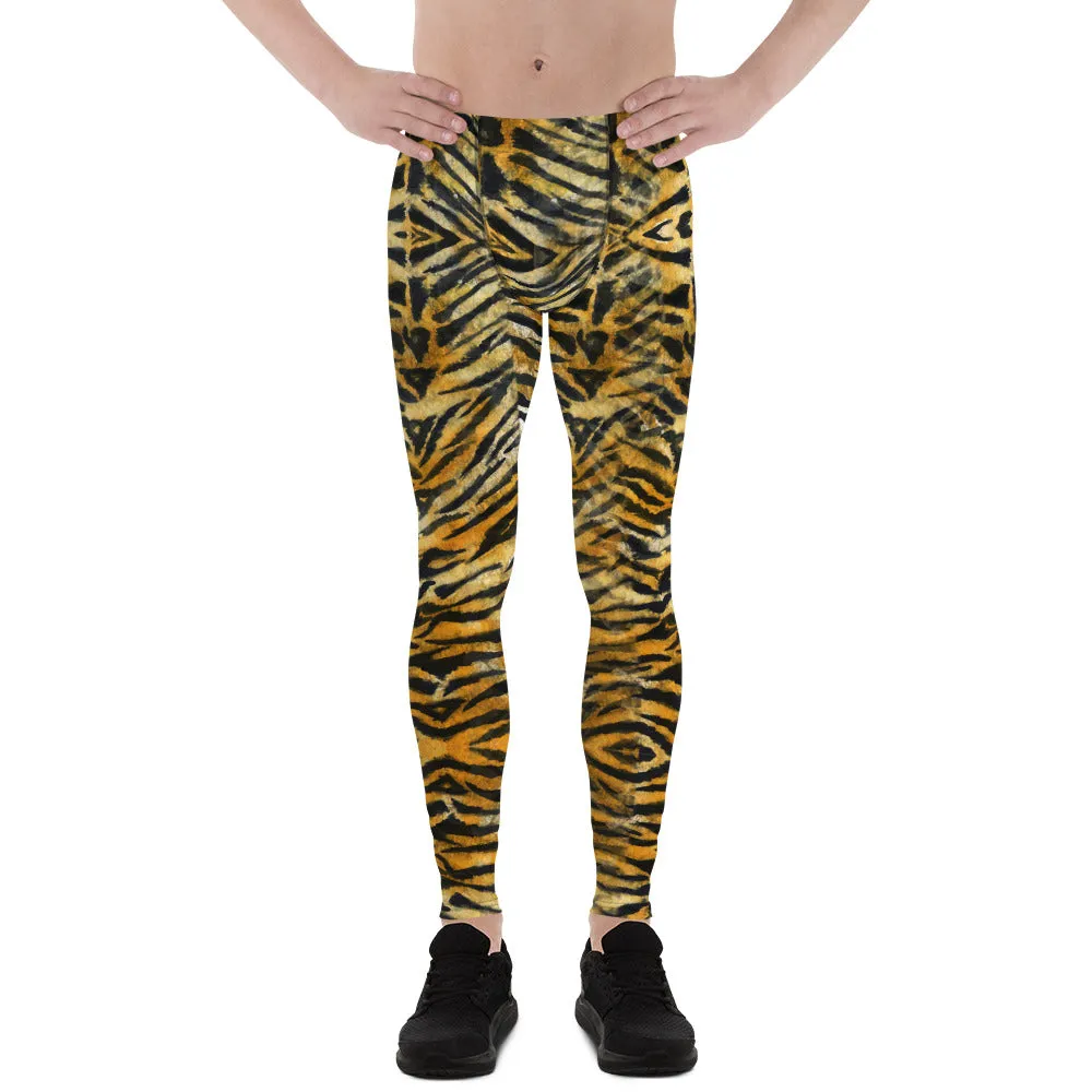 Orange Tiger Striped Men's Leggings, Tiger Stripes Animal Print Compression Tights-Made in USA/EU/MX