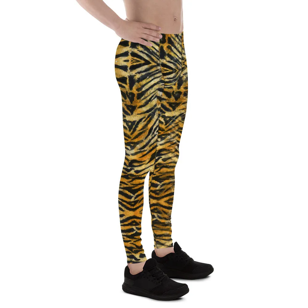 Orange Tiger Striped Men's Leggings, Tiger Stripes Animal Print Compression Tights-Made in USA/EU/MX