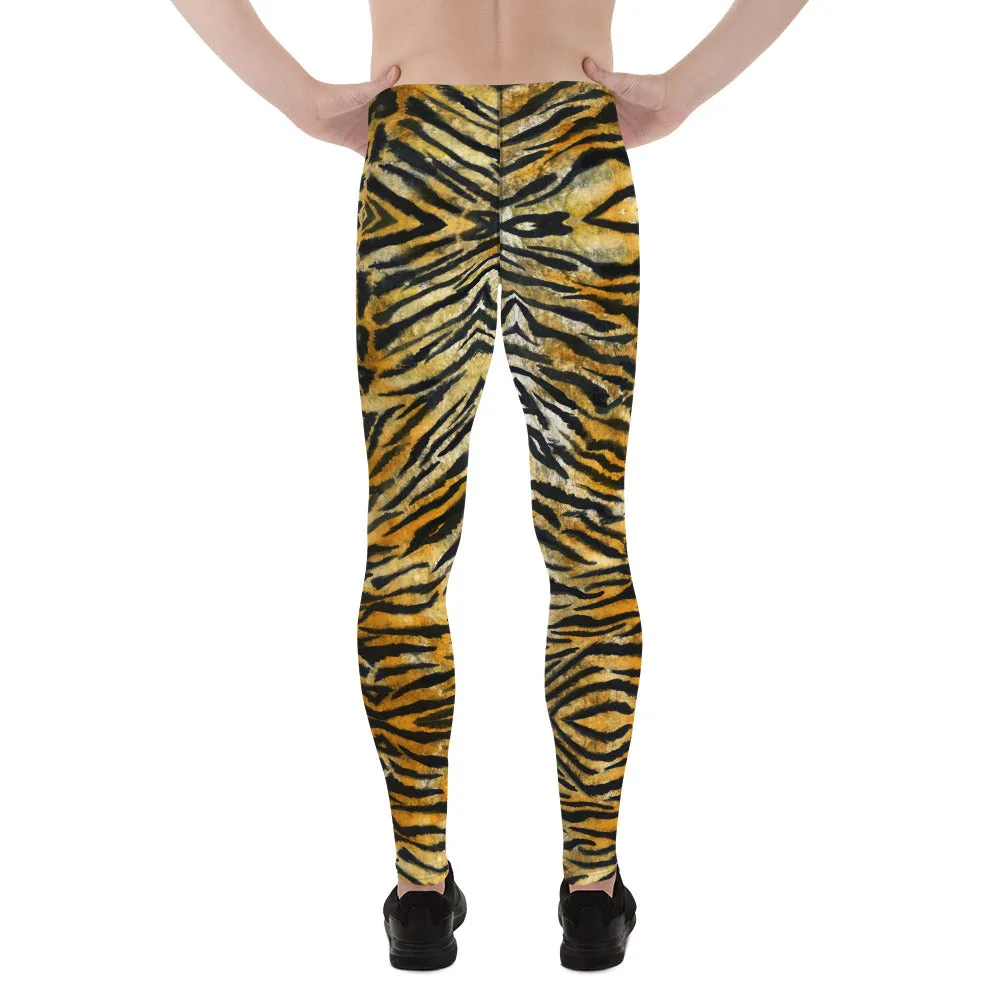 Orange Tiger Striped Men's Leggings, Tiger Stripes Animal Print Compression Tights-Made in USA/EU/MX