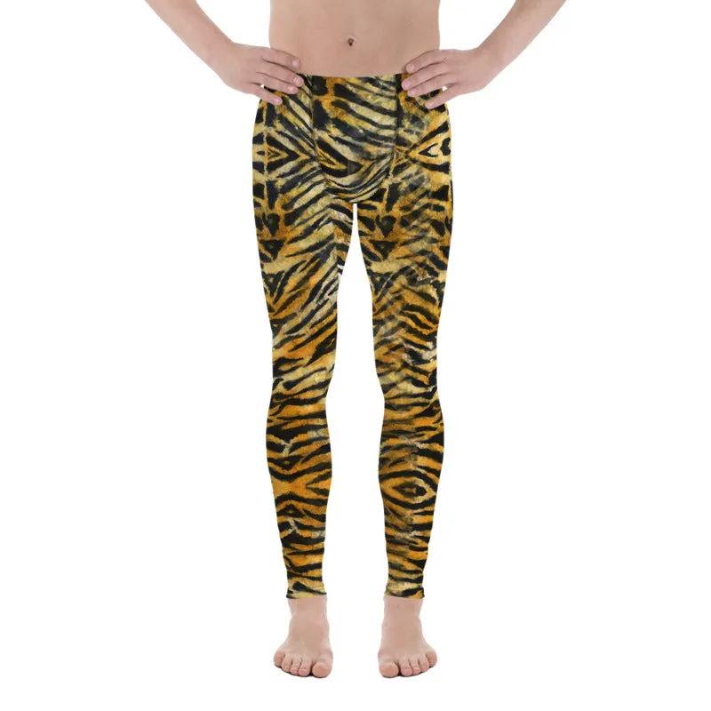 Orange Tiger Striped Men's Leggings, Tiger Stripes Animal Print Compression Tights-Made in USA/EU/MX