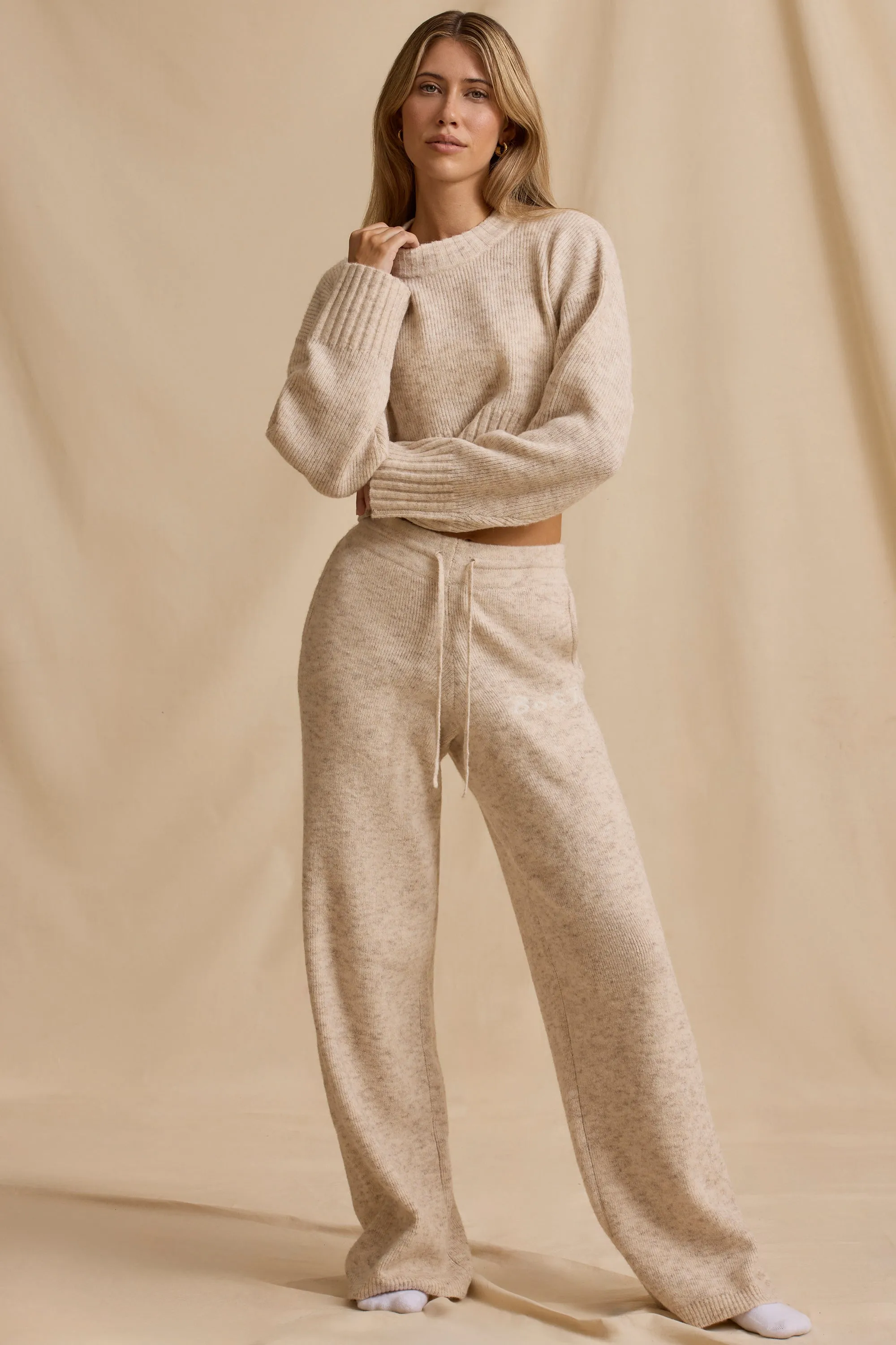 Petite Mid-Rise Wide-Leg Joggers in Cream Marl