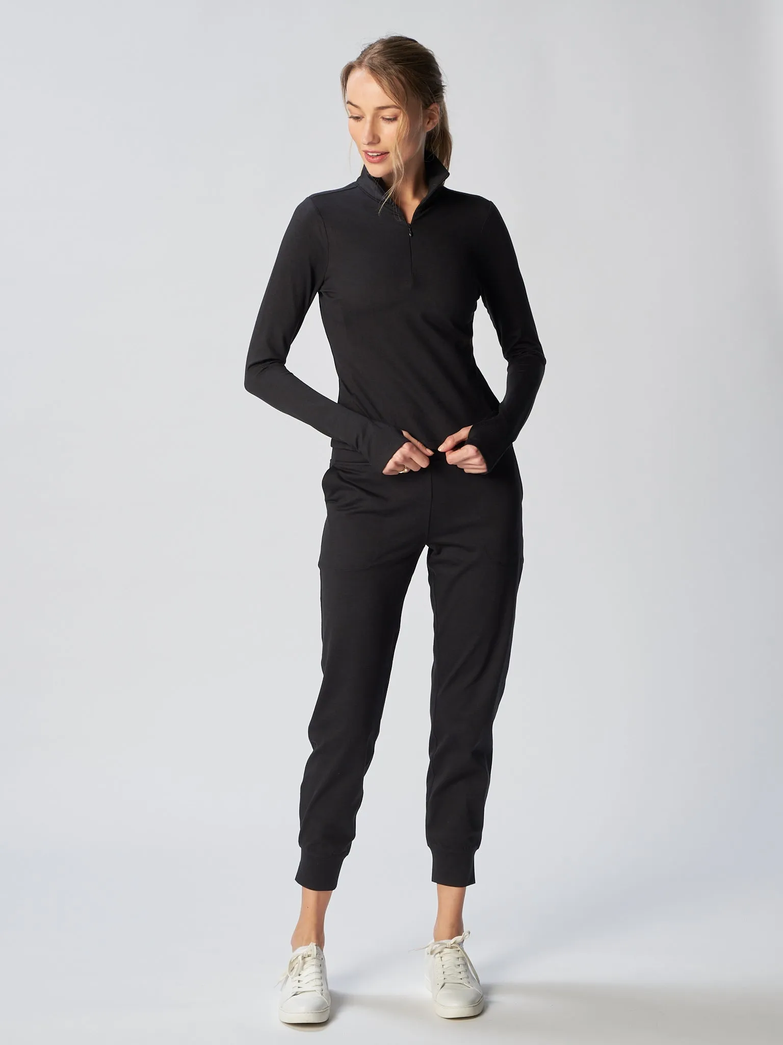 Quarter Zip Long Sleeve Top in Black