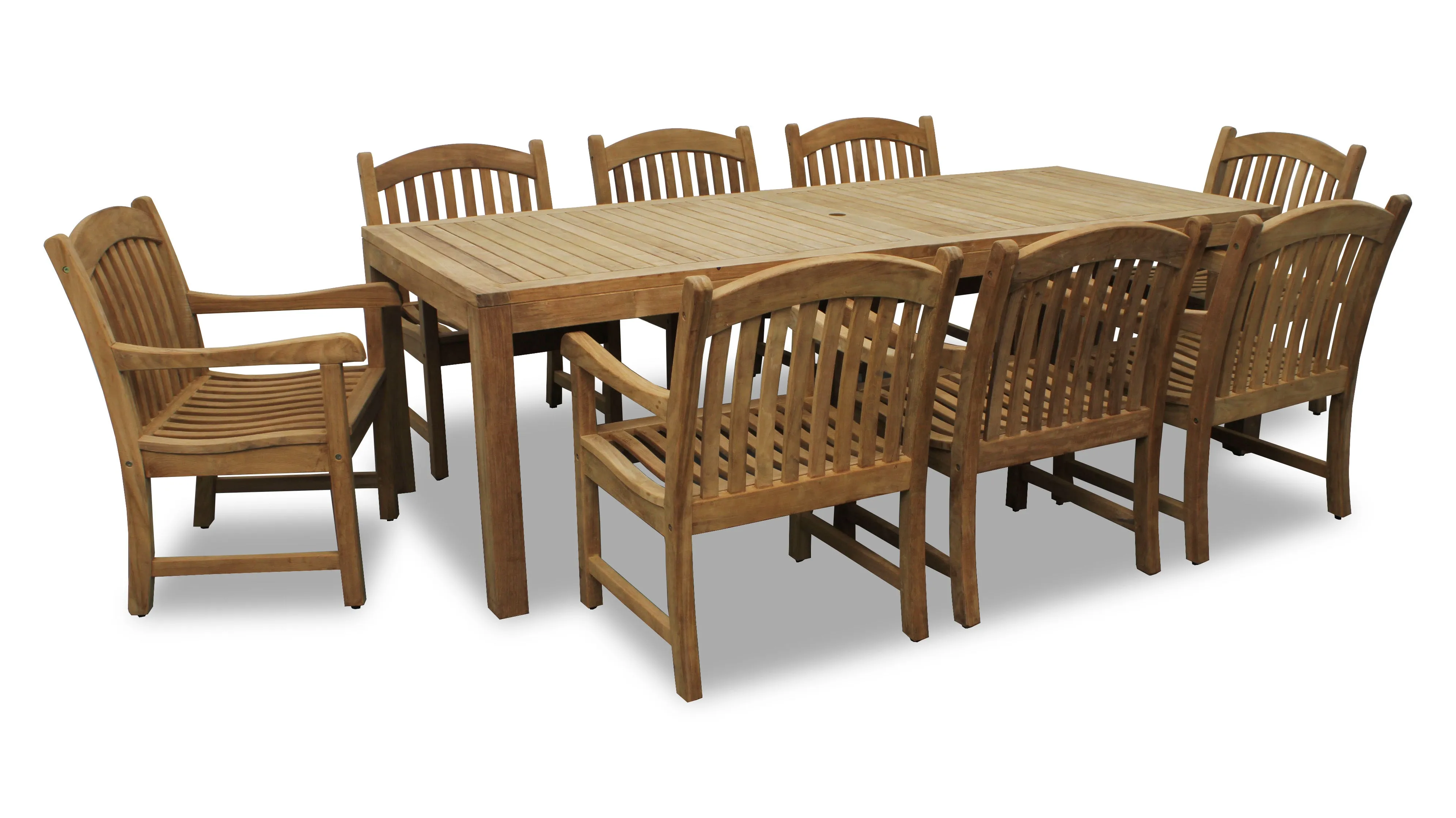 Rinjani Teak 9pc Outdoor Dining Set (Teak 94" Rectangular Table with 8 Tista Teak Armchairs  FREE Cushions)