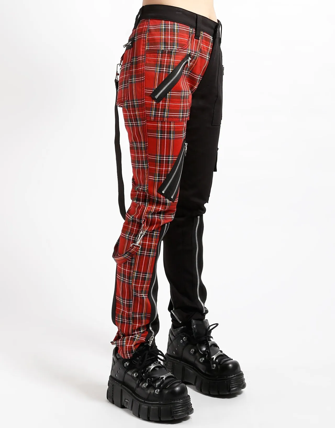 SPLIT LEG BONDAGE PANT BLK RED PLAID