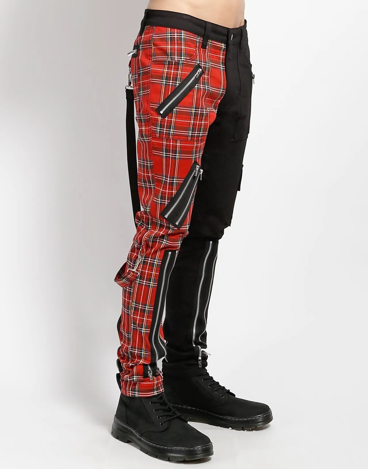 SPLIT LEG BONDAGE PANT BLK RED PLAID