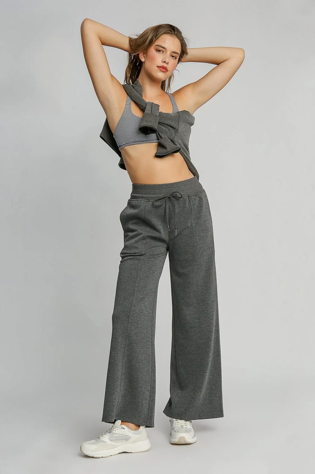 Umgee Charcoal Women Wide Leg Women Pants Drawstring Waist with Pockets