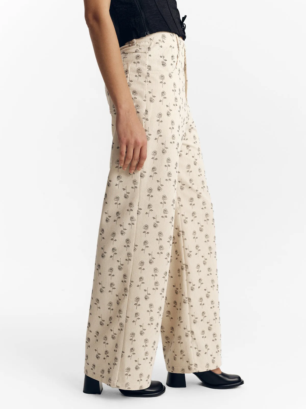 Women's Corduroy Floral Wide Leg Pants