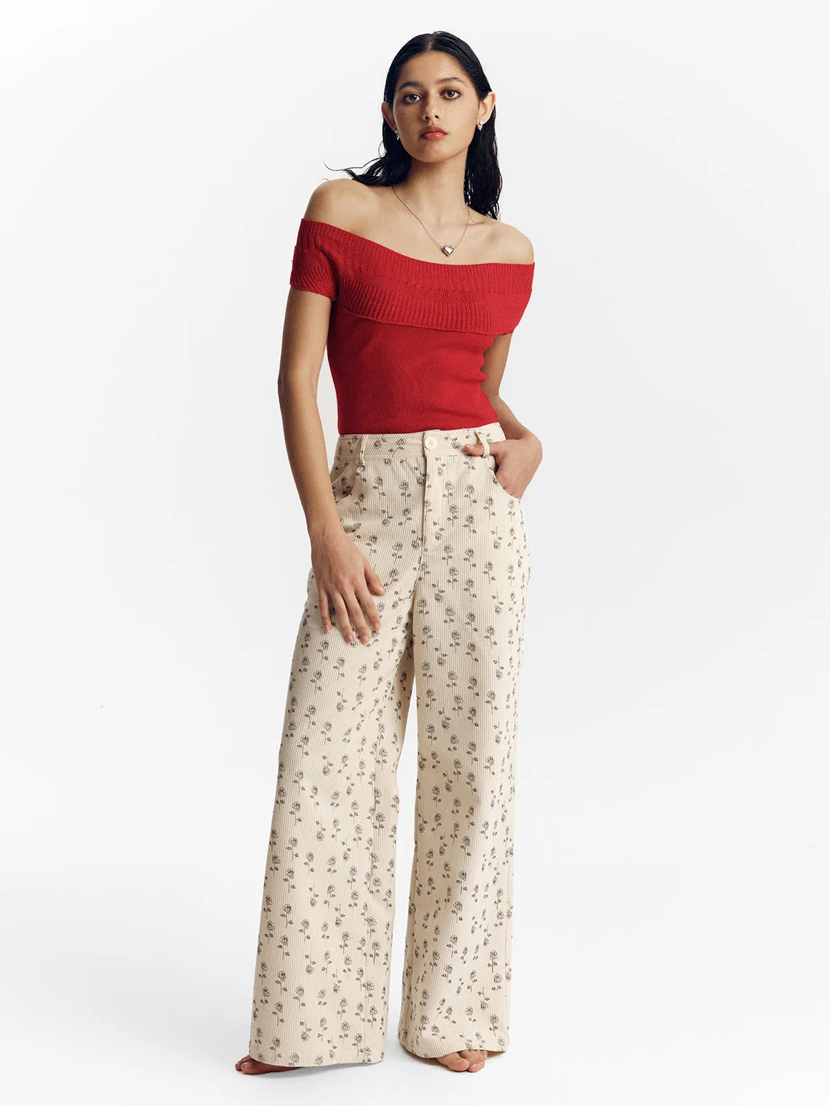 Women's Corduroy Floral Wide Leg Pants